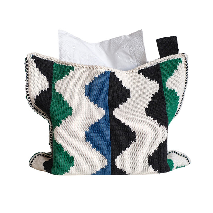 Knitted tissue box cover with geometric jacquard pattern and zipper Kalsten