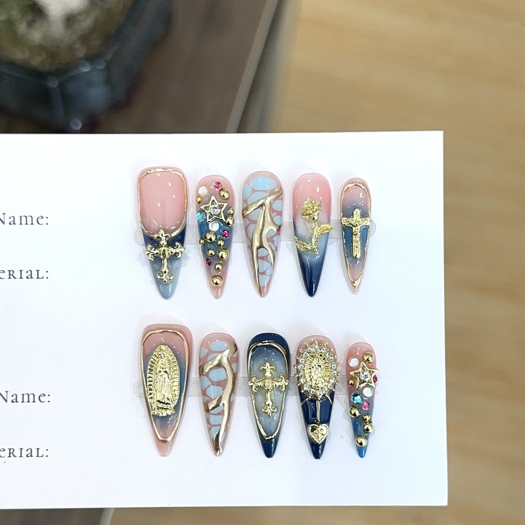 Artistic Decorative Press-On Nail Set with Gemstone Accents