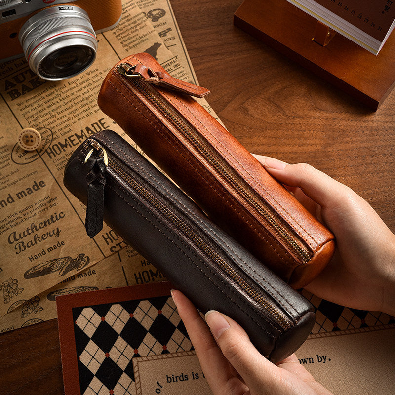 Vintage Leather Zip Pencil Case