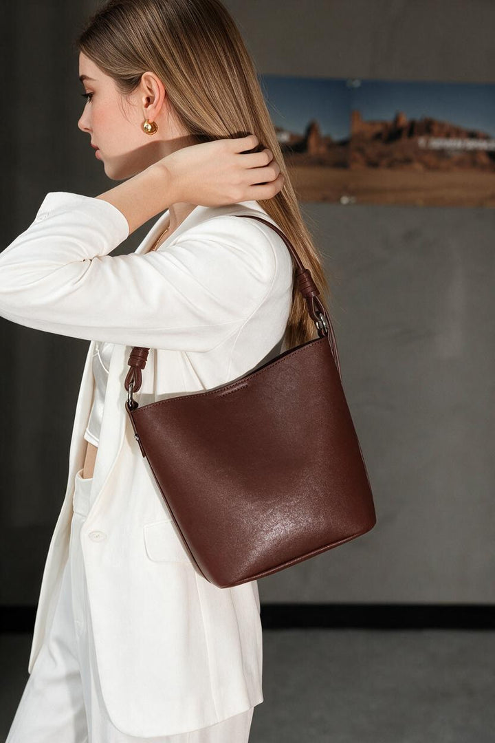 Structured Leather Shoulder Bucket Bag with Knotted Strap