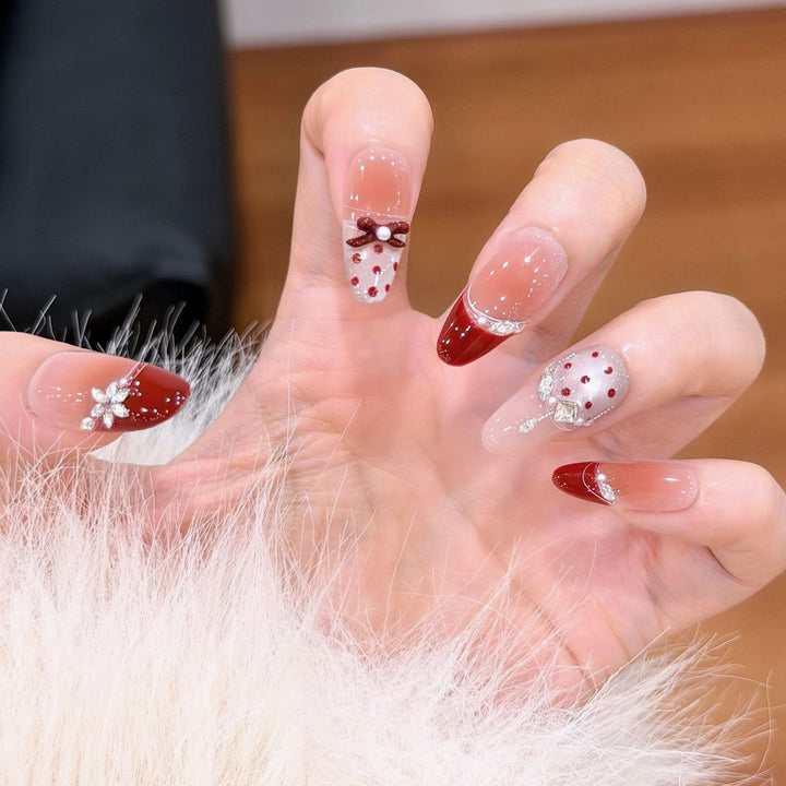 Artistic Press-On Nail Set with Elegant Bow and Gemstone Decor Kalsten