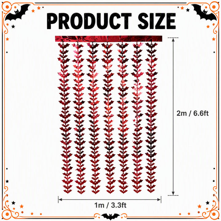 Hanging Halloween curtain made of metallic foil strips with bat silhouettes