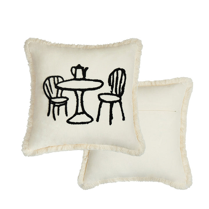 Woven decorative pillow cover with embroidered café motif and decorative fringe edge Kalsten