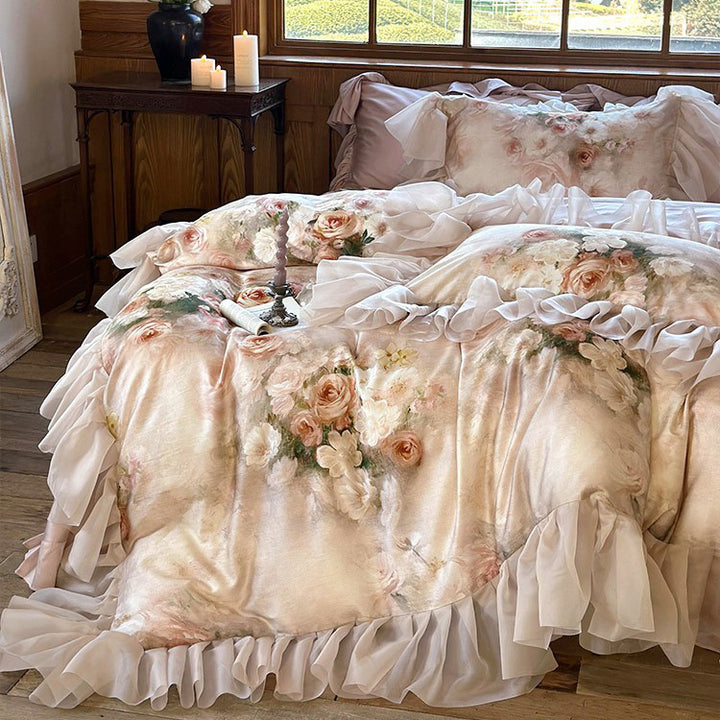 Romantic ruffled bedding set made of fine cotton satin with watercolor flower print & ruffled bed skirt