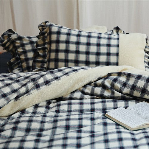 Checked reversible bedding set with teddy fleece backing and ruffled pillowcase