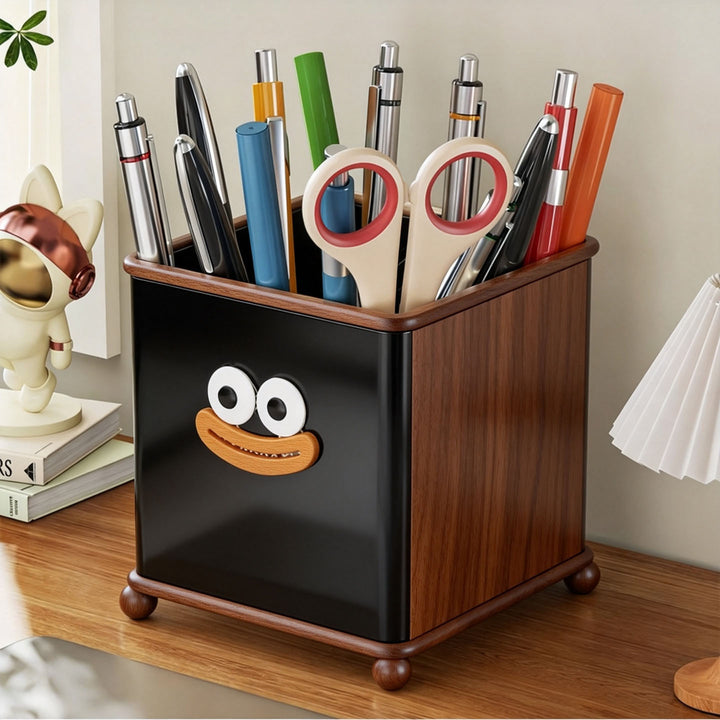 Metal Mesh Cylindrical Desktop Pen & Pencil Holder with Decorative Face and Rounded Feet