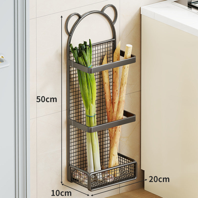 Wall-Mounted Vertical Mesh Produce Storage Rack with Three Tier Shelves and Bear-Ear Decorative Top