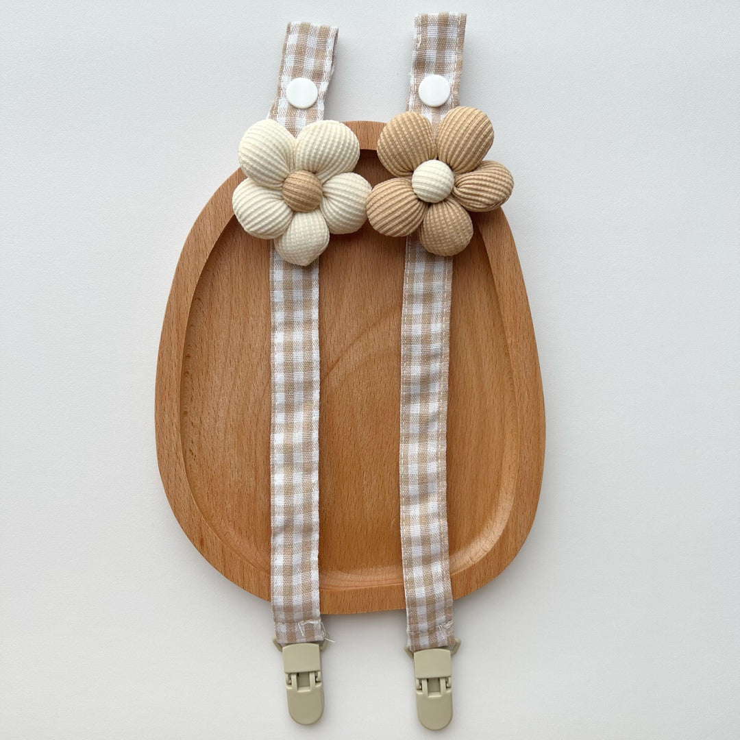Gingham Cotton Pacifier Lanyard with Padded Ribbed Flower and Quick-Release Clip