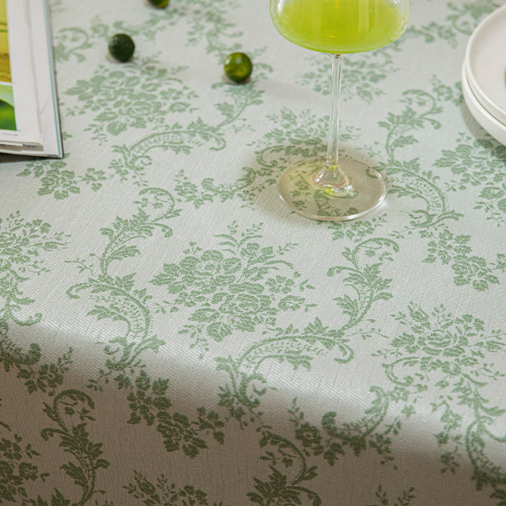 Rectangular jacquard-woven tablecloth with floral damask look and reinforced hem edge Kalsten