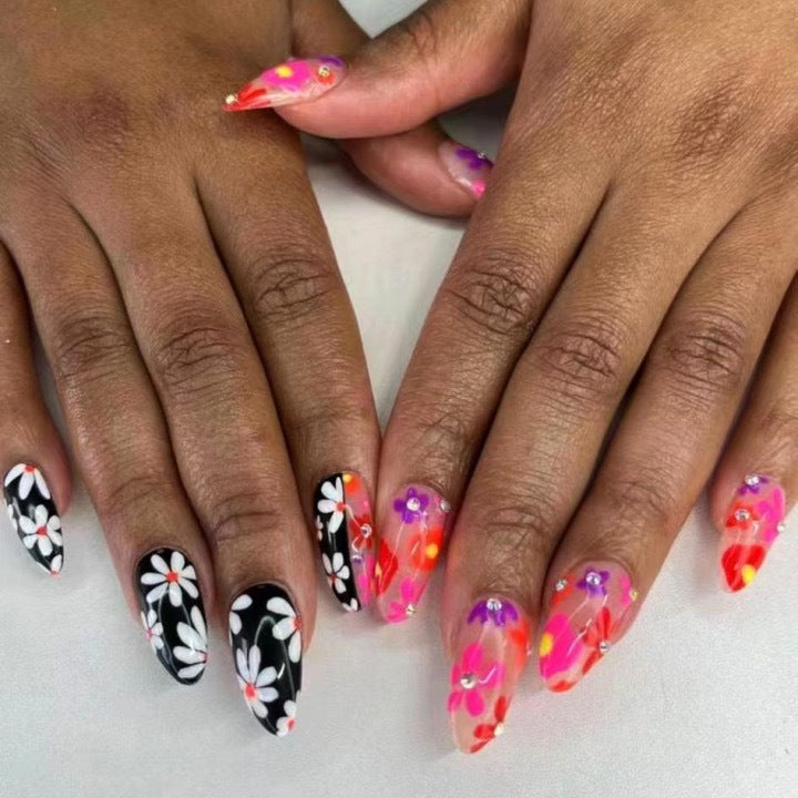 Artificial nail set with floral 3D embellishments and glitter accents Kalsten