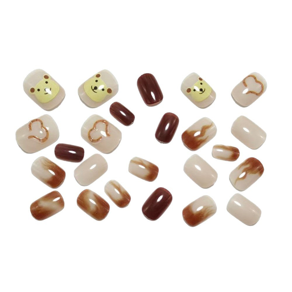 Artificial nails with cute bear design and marbled pattern Kalsten