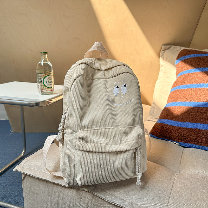 Adorable Corduroy Backpack with Embroidered Smile