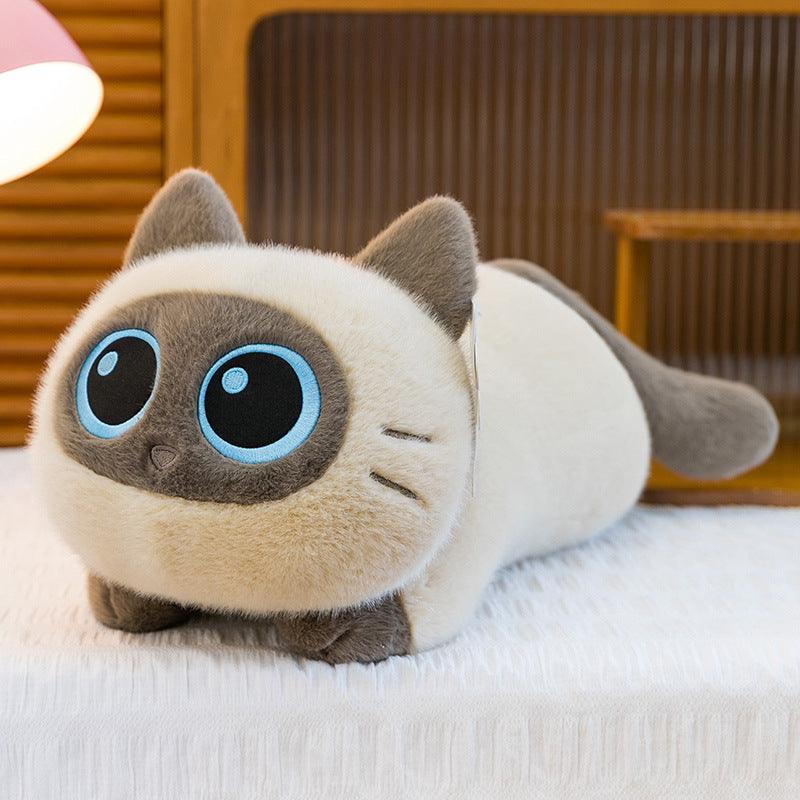 Plush Siamese Cat Long Bolster Body Pillow with Embroidered Eyes and Ultra-Soft Faux Fur Kalsten