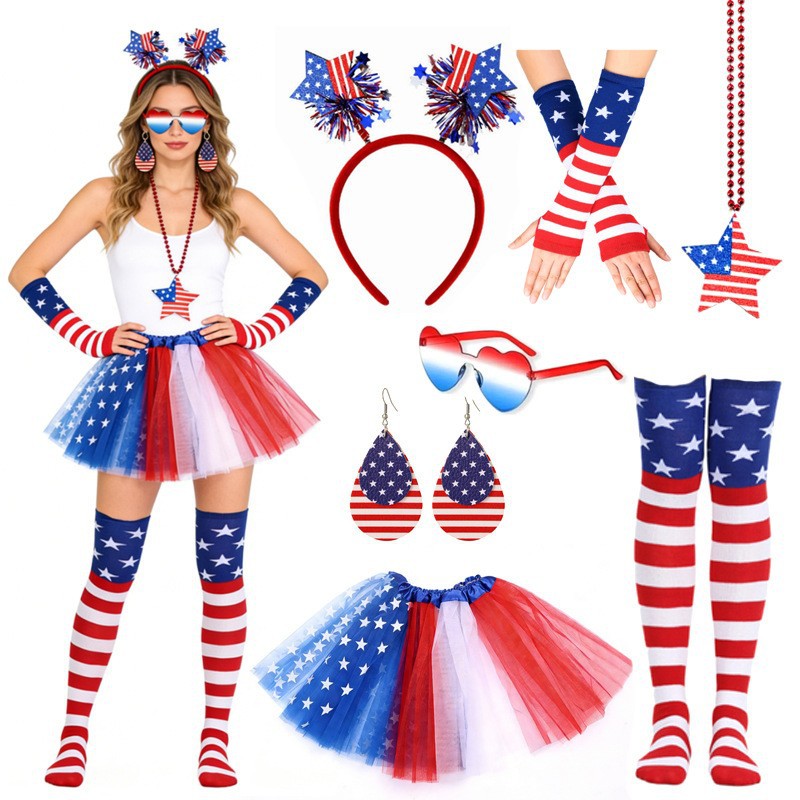 Women's Independence Day tulle tutu skirt with oversized bow headband over-the-knee star-striped stockings and matching arm sleeves Kalsten