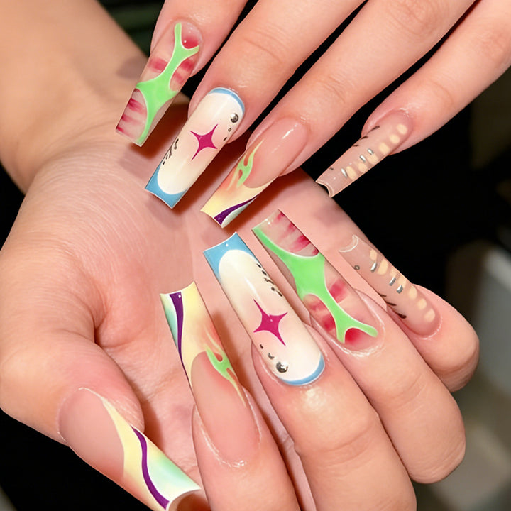 Nail art set with colorful ombre designs and sparkling accents Kalsten