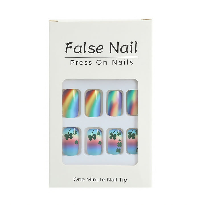 Artificial nails with colorful rainbow and clover leaf designs Kalsten