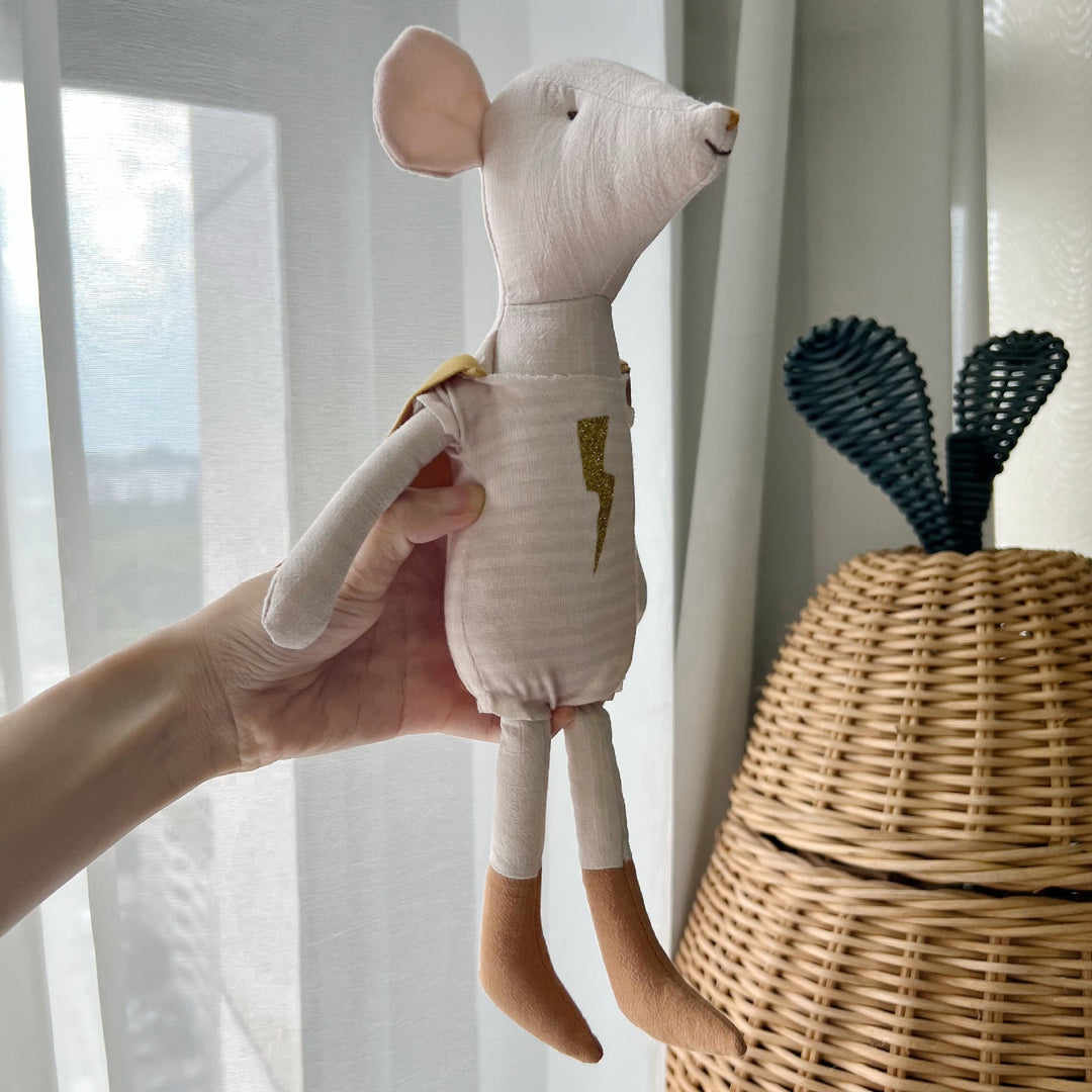 Handcrafted Long-Legged Linen Mouse Plush Doll with Striped Romper