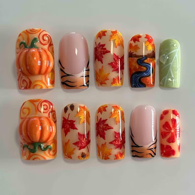 Artificial nail set with autumn motifs and creative 3D elements Kalsten