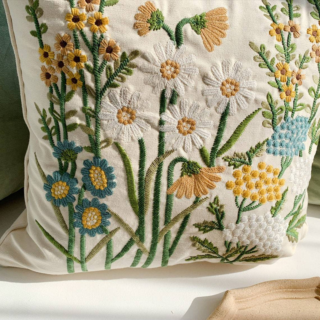Square cushion cover with hand-embroidered wildflower relief, linen-cotton blend and concealed zipper Kalsten