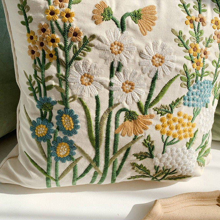 Square cushion cover with hand-embroidered wildflower relief, linen-cotton blend and concealed zipper Kalsten