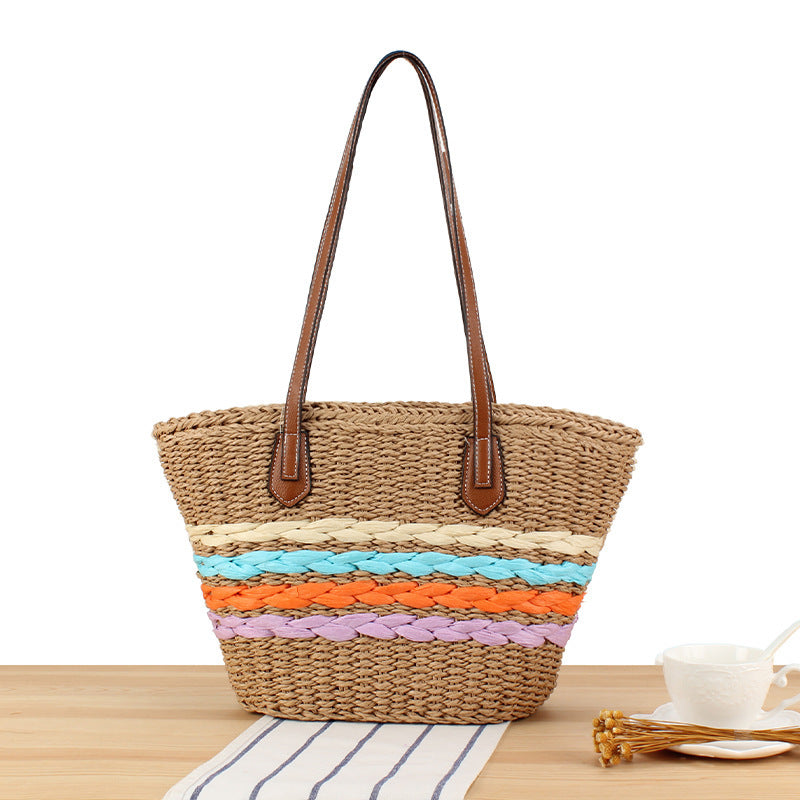Leisure Beach Bag Made of Woven Natural Material with Colorful Decor Kalsten