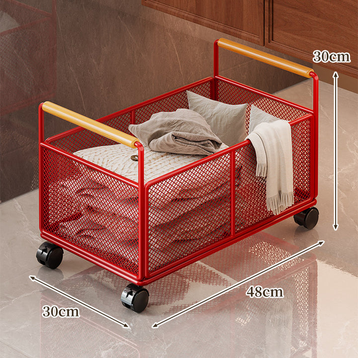 Rectangular Metal Mesh Storage Basket with Dual Wood-Hand Grips