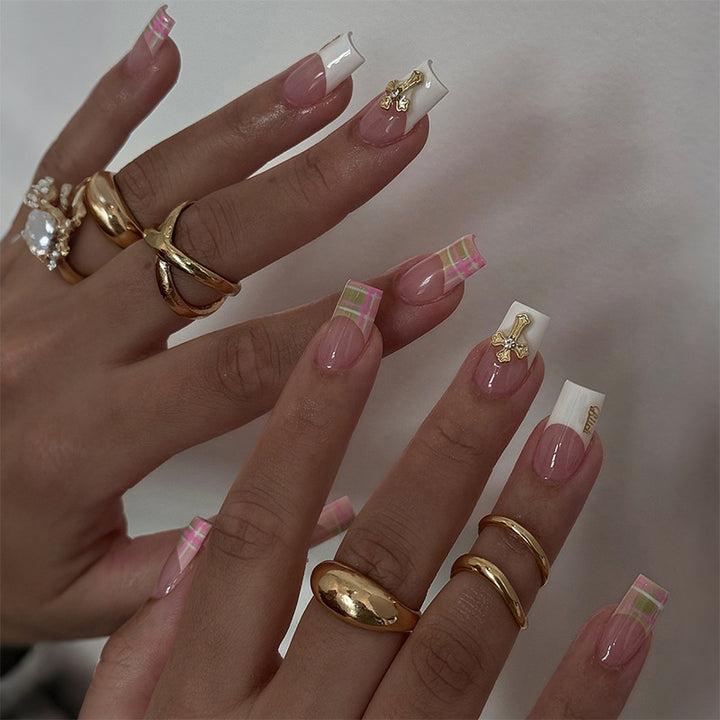 Elegant French Tip Press-On Nails with Decorative Accents