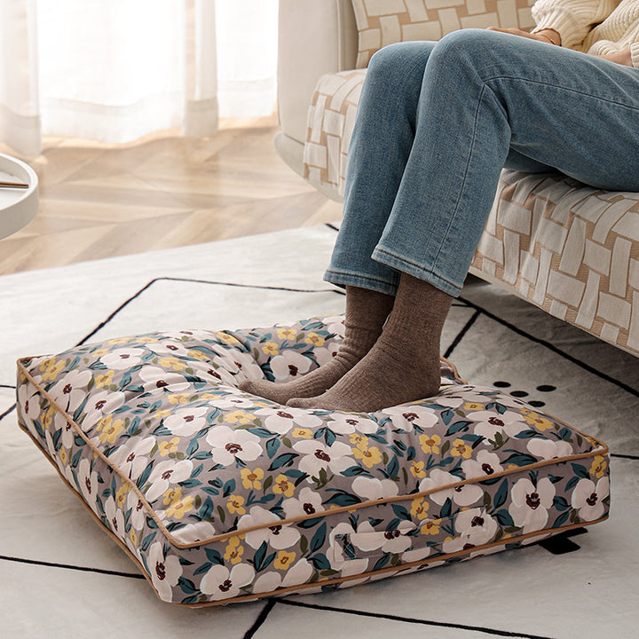 Large square floor cushion with floral cotton cover, piping, and carrying handle Kalsten