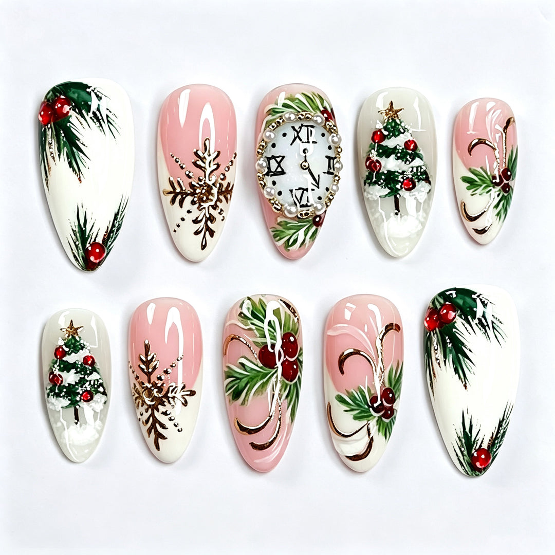 Festive Holiday-Themed Press-On Nail Art Set with Christmas Motifs Kalsten