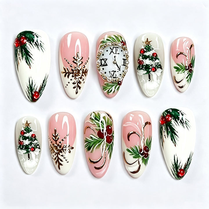 Festive Holiday-Themed Press-On Nail Art Set with Christmas Motifs Kalsten
