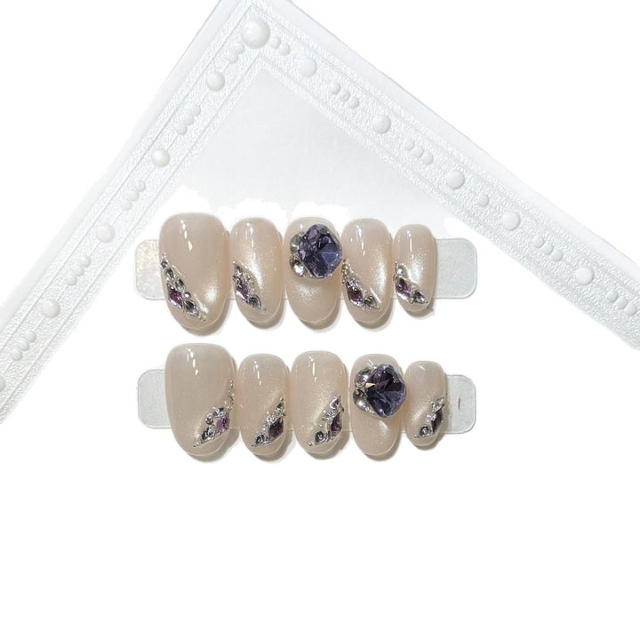 Elegant Press-On Nail Set with Gemstone Accents Kalsten
