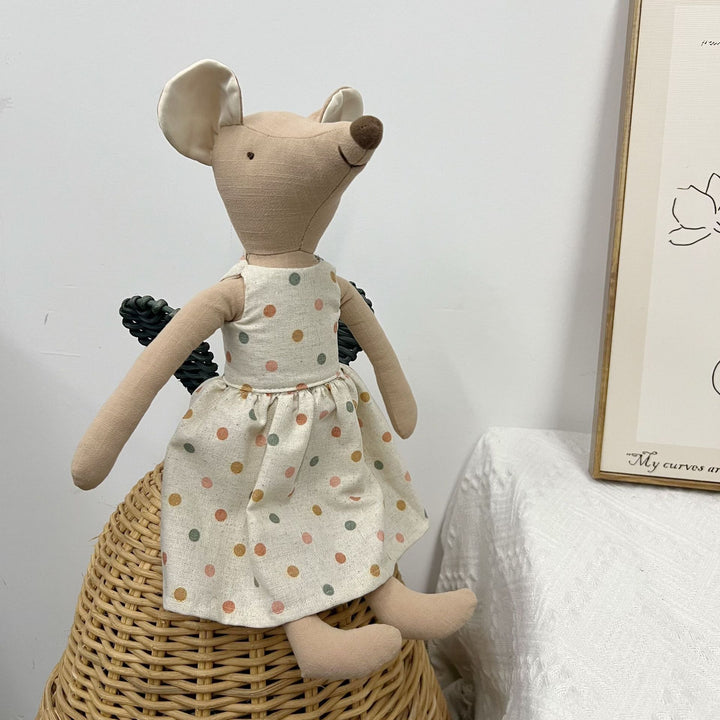 Handcrafted Linen Elephant Plush Doll with Long Limbs and Polka Dot Cotton Dress