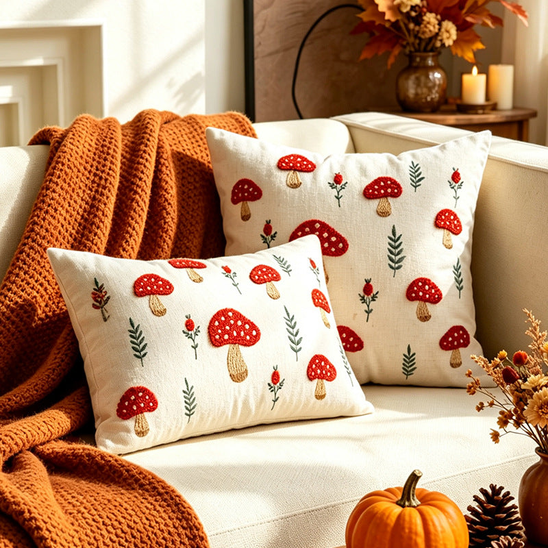Embroidered Mushroom Linen Lumbar Throw Pillow Cover