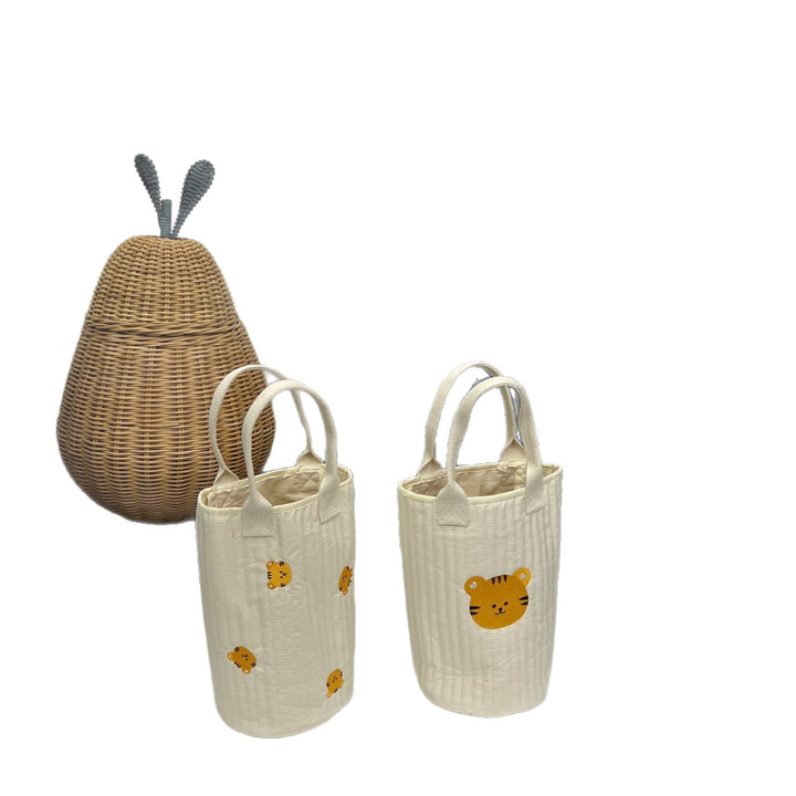 Quilted Cotton Canvas Tote Bag with Embroidered Lemon Motif and Short Webbing Handles