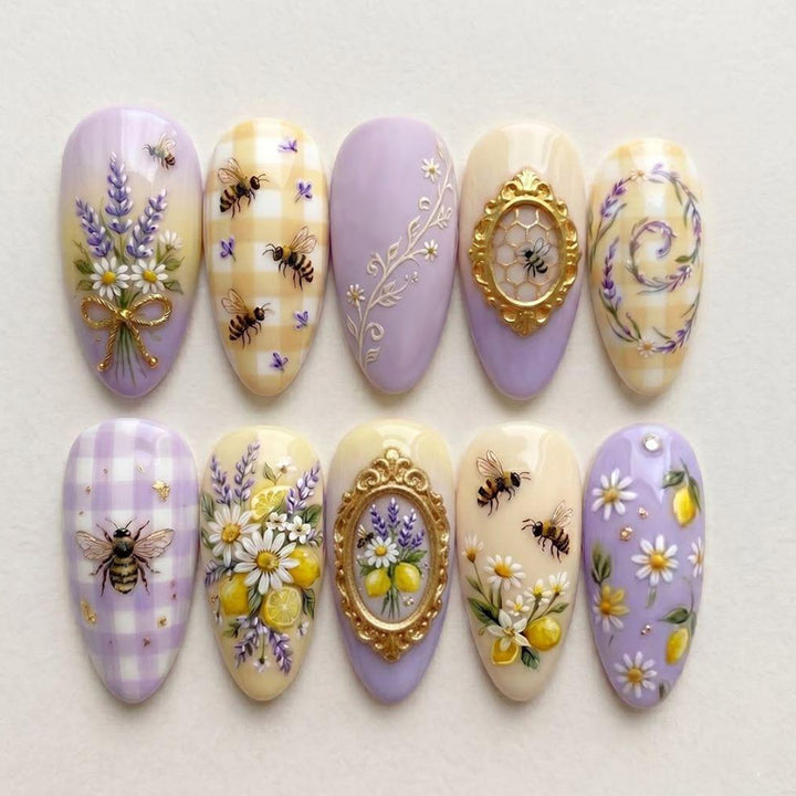 Artistic Floral and Bee-Inspired Press-On Nail Set