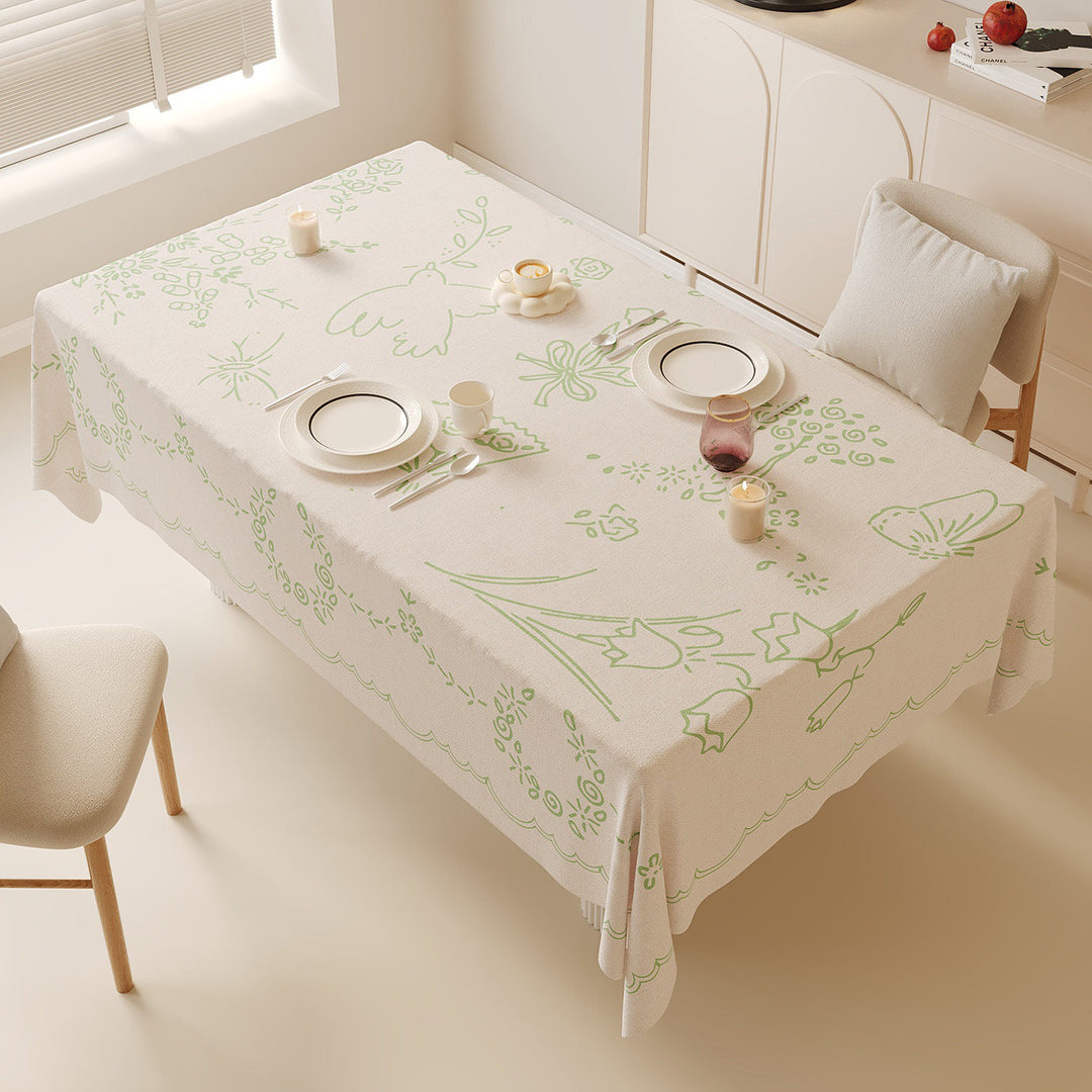 Printed Linen-Blend Rectangular Tablecloth with Botanical Line-Art and Scalloped Border