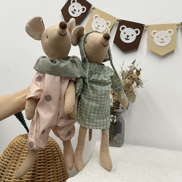 Soft Artisan Mouse Comforter Doll with Polka-Dot Cotton Romper and Linen Collar