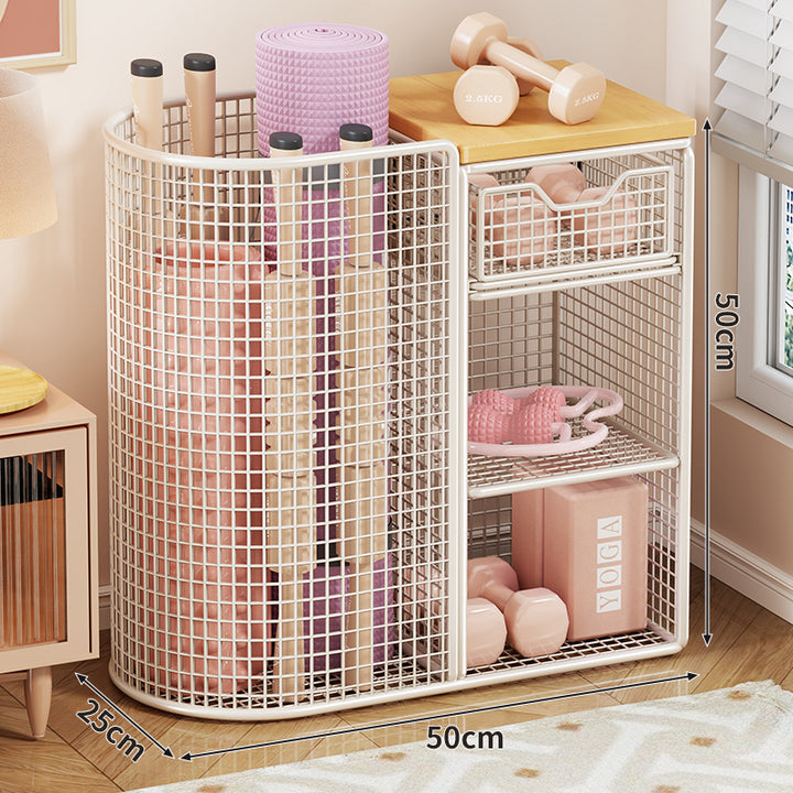 Mesh Rolling Fitness and Yoga Equipment Organizer Cart with Tall Curved Mat Compartment and Slide Drawer
