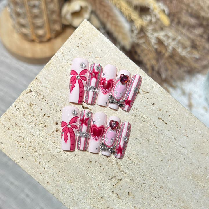 Artistic Press-On Nail Set with Playful Heart and Palm Designs Kalsten