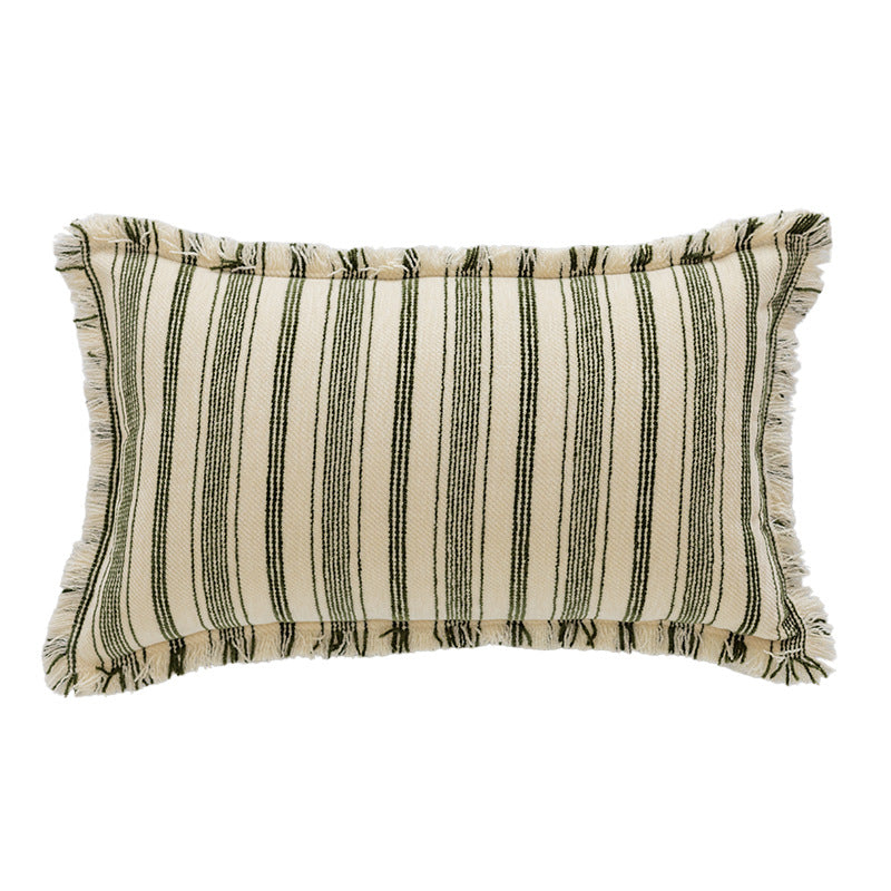 Square Woven Cotton Stripe Accent Pillow with Fringed Border and Removable Cover