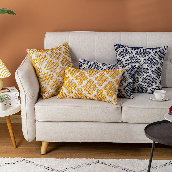 Decorative square cushion cover made of cotton-linen with tufted stripes and bouclé accents