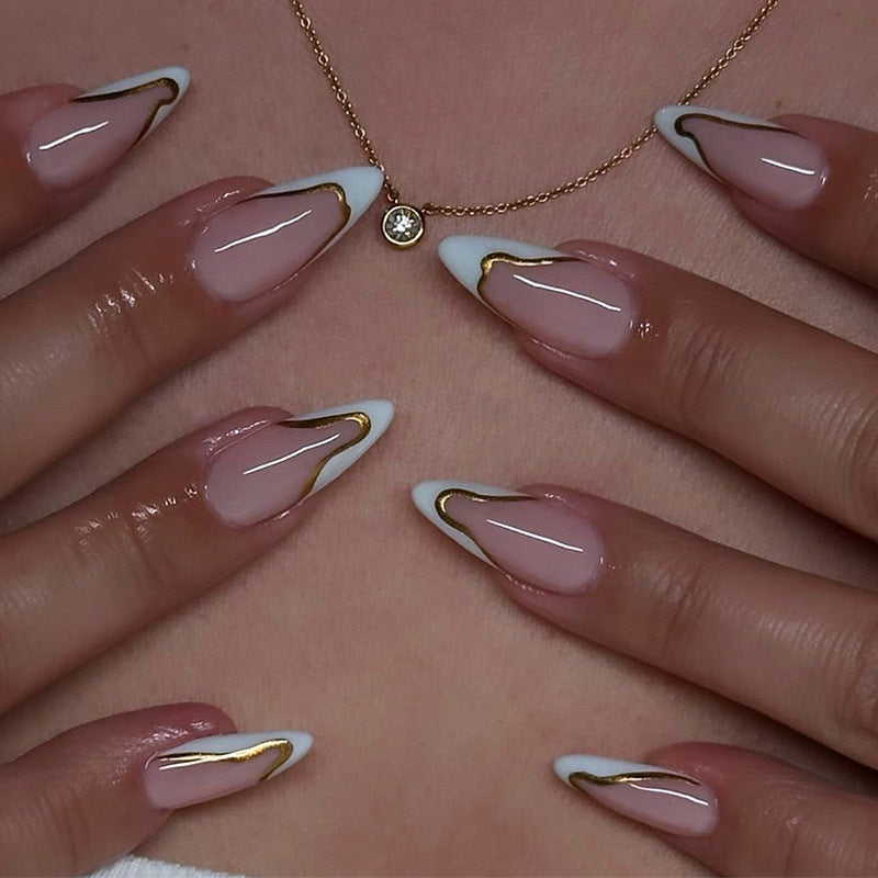Artificial nail set with elegant French design and gold accents Kalsten