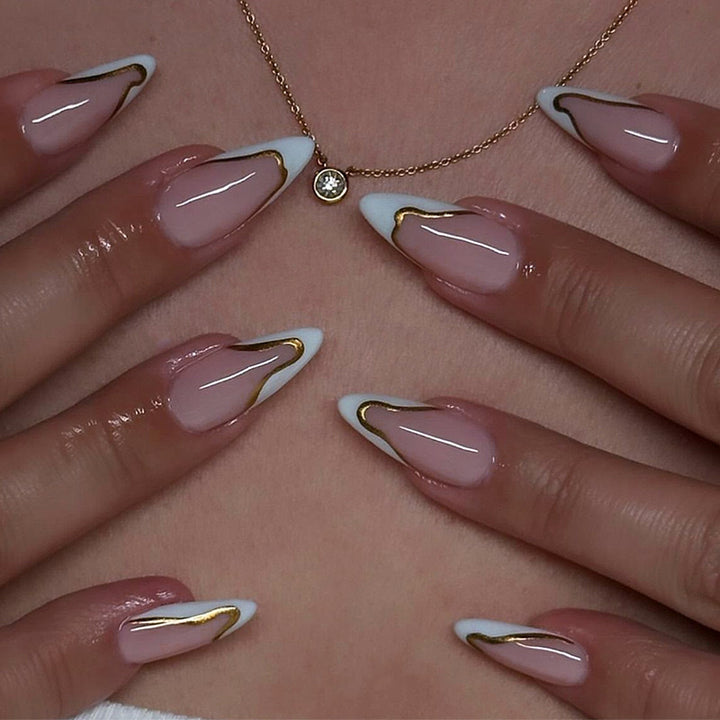 Artificial nail set with elegant French design and gold accents Kalsten