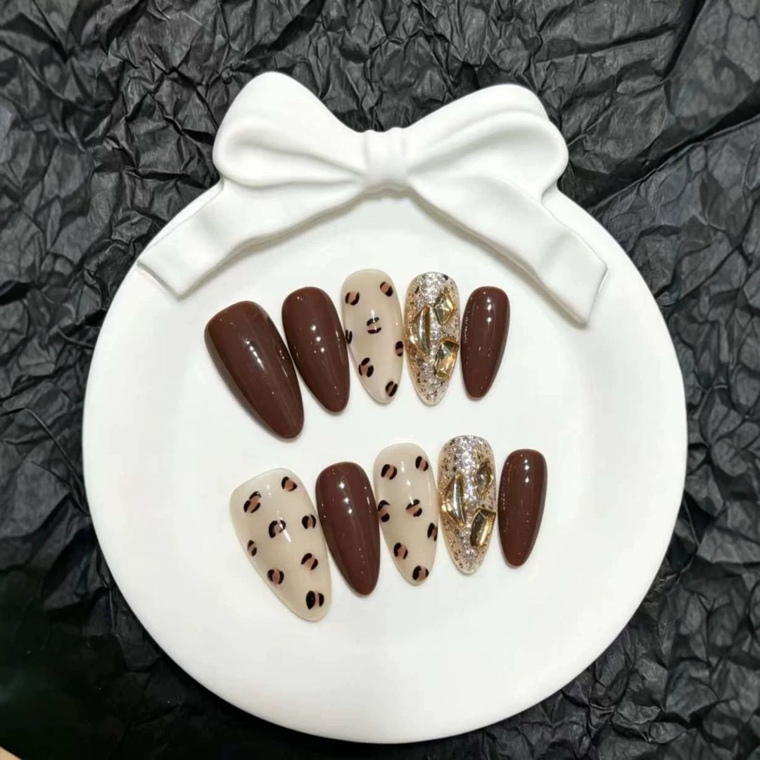 Artistic Press-On Nail Set with Rhinestone and Leopard Design