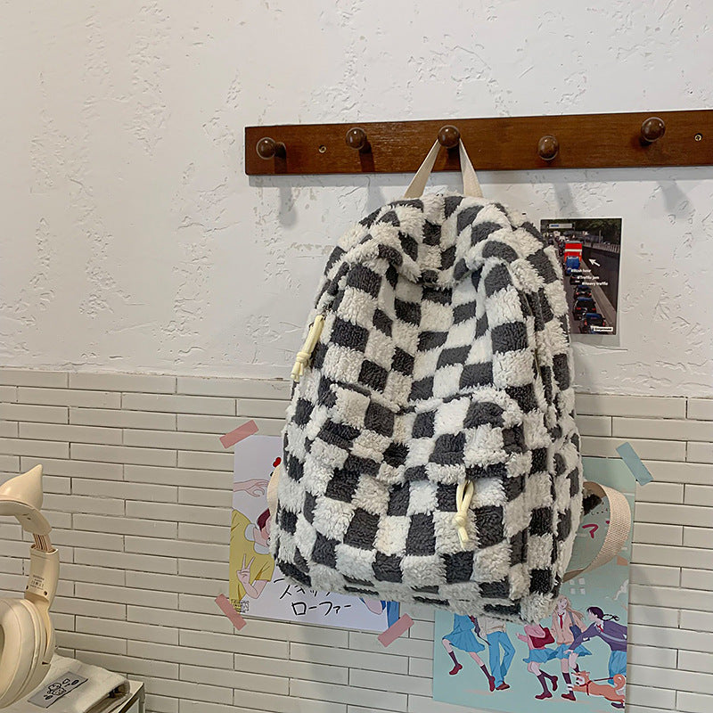 Soft Plush Checked Patterned Backpack