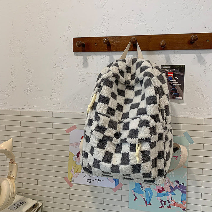 Soft Plush Checked Patterned Backpack