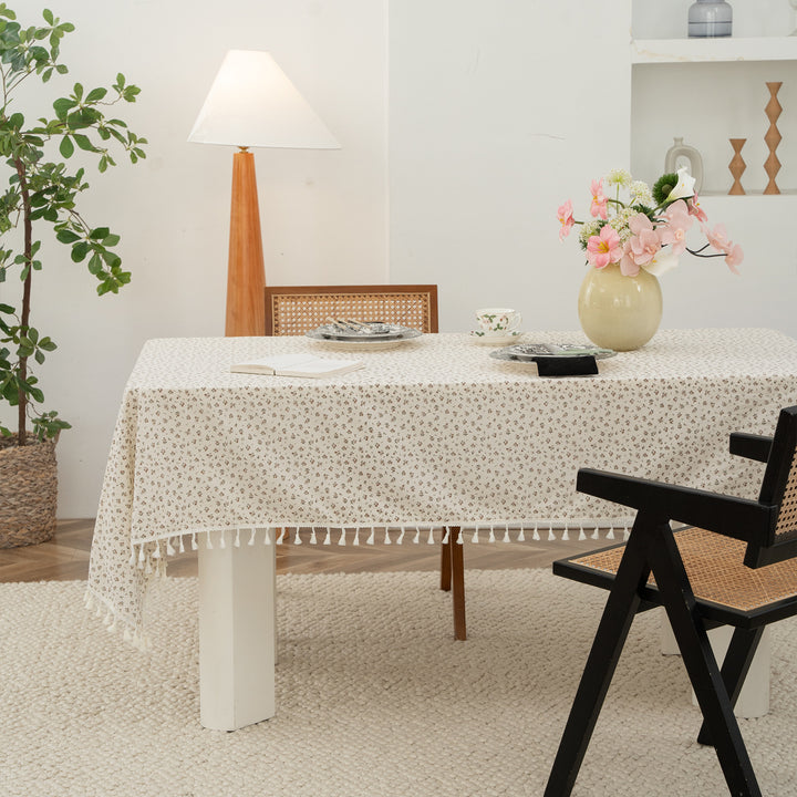 Rectangular tablecloth with floral Millefleurs print and cotton tassels Kalsten