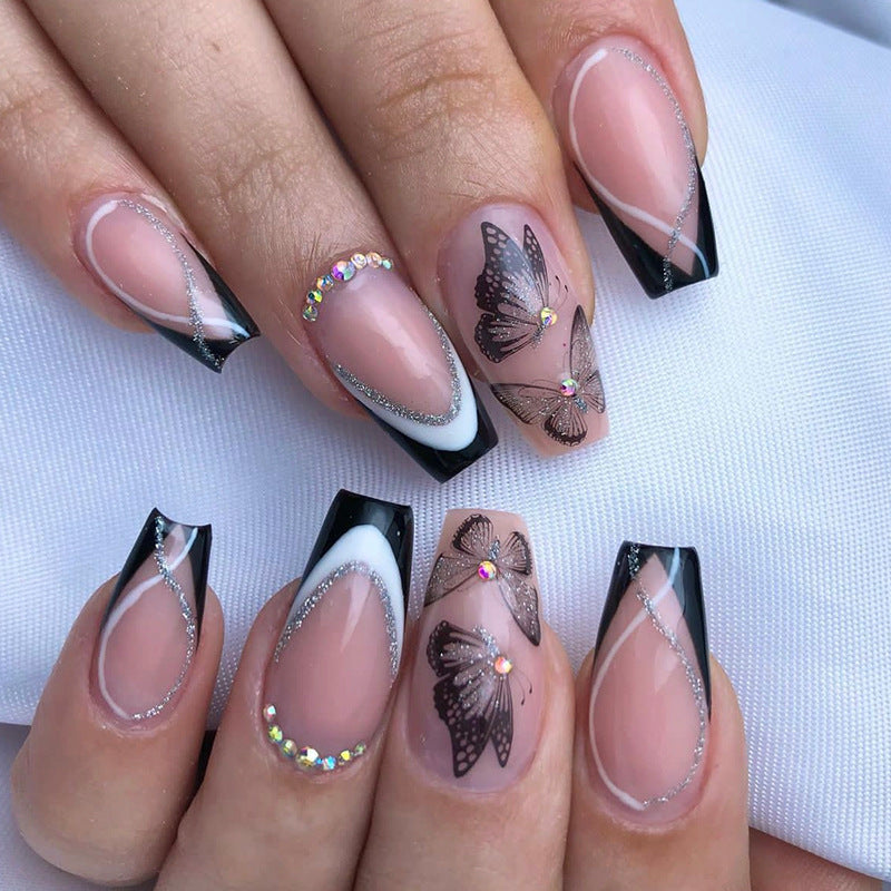 Artistic Long-Stiletto Press-On Nail Art with Butterfly Design Kalsten