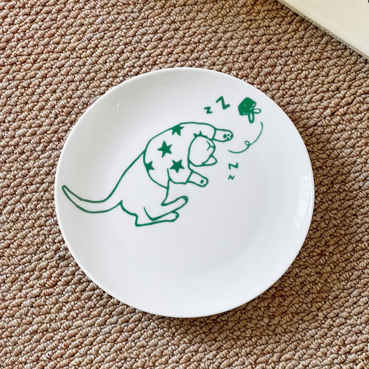 Handcrafted ceramic plate with illustrative cat design