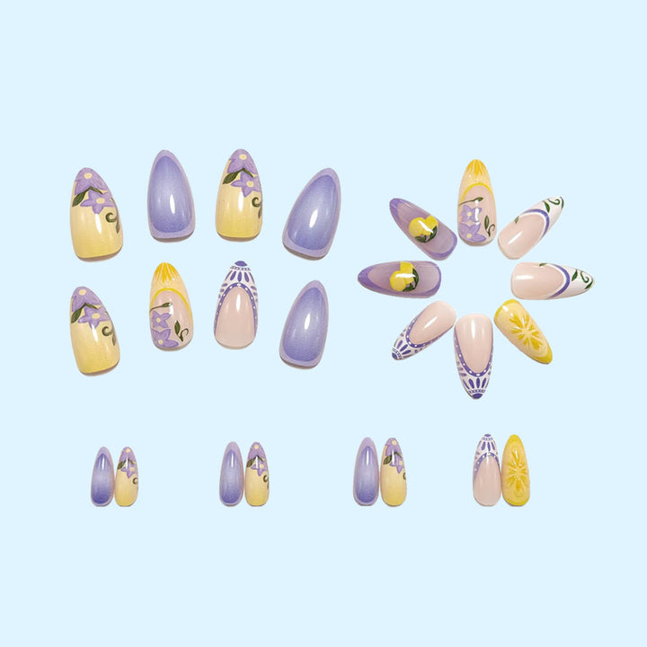 Artificial nails with creative lemon and lilac design Kalsten